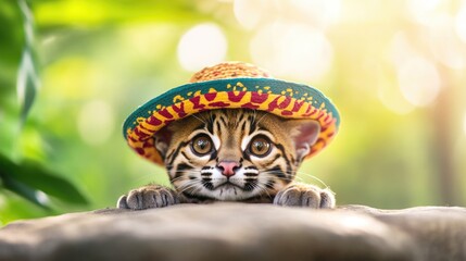 Obraz premium Adorable bengal kitten in colorful hat peeking over rock Happy Cinco de mayo