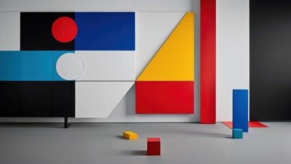 Futuristic interior showcasing vibrant geometric shapes, emphasizing modern art and minimalistic...