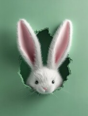 Obraz premium Adorable cartoon rabbit emerging from a torn green wall, showcasing large fluffy ears and a playful expression, perfect for Easter and spring-themed projects.