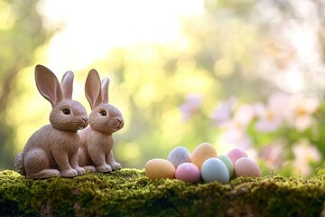 pair of bunny figurines sitting near cluster of pastel eggs on mossy surface
