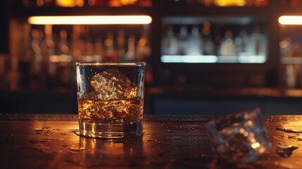 Whiskey served with ice cubes.