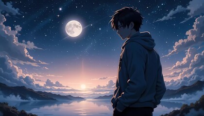 Fototapeta premium Serene Night: Anime Boy Contemplates Tranquil Lake and Moonlit Sky