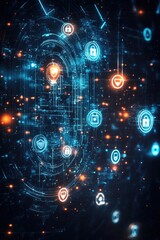 Obraz premium abstract composition of glowing security icons floating in mid-air against seamless dark background