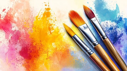 Obraz premium Colorful paint splashes with artist brushes, symbolizing creativity and artistic expression.