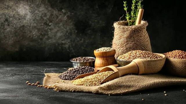An assortment of legumes and grains spread across a burlap cloth, with a wooden scoop and measuring cups for a wholesome, natural presentation
