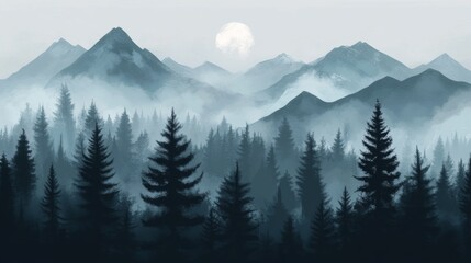Obraz premium Misty Forest with Cool Tones and Sunlit Mountains