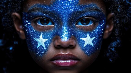 Young african child with glittery blue star face paint