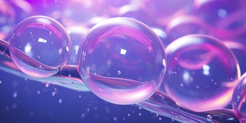 Several round bubbles of pink soapy foam floating on water surface