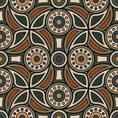 Floral and geometric elements in an intricate, ethnic contemporary design. Retro vintage style. Seamless repeating pattern. Abstract vector illustration. 