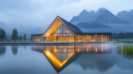 Obraz premium Modern Architecture in Mountain Landscape with Water Reflection