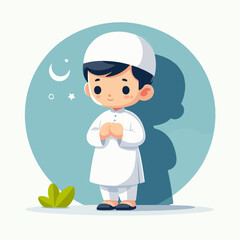 Young boy in a white prayer outfit suitable for religious and culturalthemed designs, educational materials, nonprofit organizations, and spiritual publications.