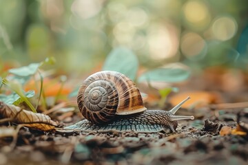 Snail moving slowly on forest ground. Soft bokeh background.