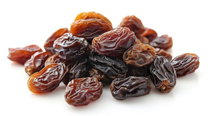 Obraz premium Pile of dried fruit, including raisins and prunes, is spread out on a white background