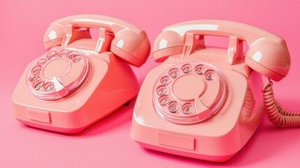 Creative layout with pink retro phone handsets on pastel pink background. 80s or 90s retro fashion aesthetic telephone concept. Minimal romantic handset idea. Valentines day idea.