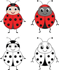 Ladybug With Cute Face Vector Illustration set