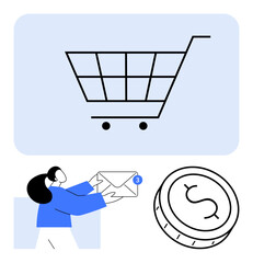 Shopping cart icon, person receiving an email, and a coin illustration. Ideal for e-commerce, online shopping, digital communication, customer service, financial transactions, email marketing