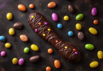 Colorful Chocolate Candy with Easter Eggs and Decorative Sweets on Dark Background for Festive Celebrations and Holiday Themes