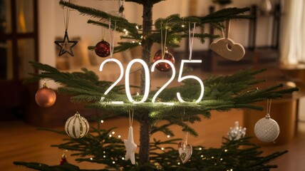 Festive lighted "2025" ornament beautifully hanging on a decorated Christmas tree, symbolizing the joy of the holiday season and the arrival of the New Year