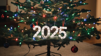 Festive lighted "2025" ornament beautifully hanging on a decorated Christmas tree, symbolizing the joy of the holiday season and the arrival of the New Year