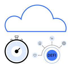 Cloud outline stopwatch DeFi node surrounded by heart house cart gear. Ideal for tech, finance, innovation, connectivity, time management, cloud computing, decentralized finance. Line metaphor