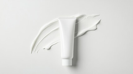 Elegant White Cream Tube with Smooth Creamy Swatch on Minimalist Light Background Ideal for Beauty and Skincare Product Advertising and Branding Solutions