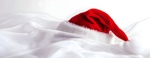 Classic Red Santa Hat on Silky White Fabric Background. AI generative.