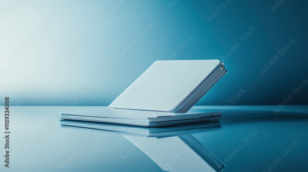 Poster clean flat lay of password-protected notebook lying on smooth reflective surface under bright light