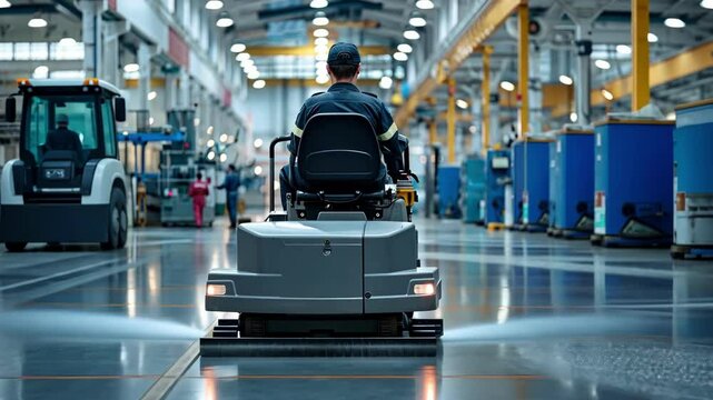 Worker driving a floor cleaning machine in an industrial factory with bright floor lines