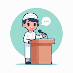 Boy in a white robe speaking at a podium. Suitable for religious or educational concepts. Event, speech, church, religious, public speaking, communication, faith, teaching, presentation, ceremony