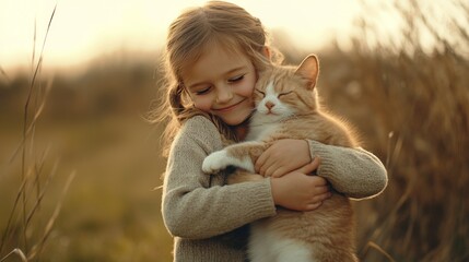Celebrating hug day with a child and her joyful cat in a serene outdoor setting at sunset
