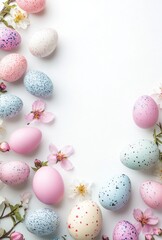 Fototapeta premium Colorful Easter Eggs Surrounded by Delicate Flowers on a Bright White Background Perfect for Spring Celebrations and Holiday Festivities