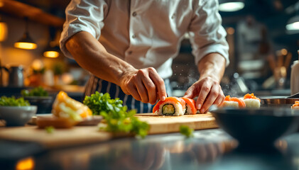 Chef preparing sushi in a professional kitchen, fresh ingredients organized, bright artificial...