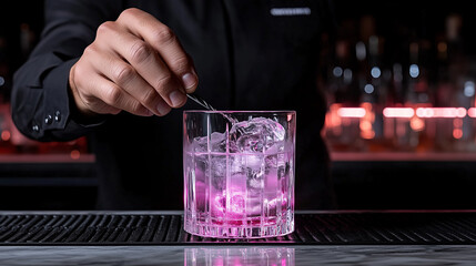 Artisanal cocktail being prepared in a modern bar, aligned bottles in the background, soft neon lighting, stylized composition focusing on the cocktail