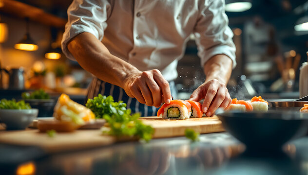 Chef preparing sushi in a professional kitchen, fresh ingredients organized, bright artificial lighting, dynamic composition capturing action.
