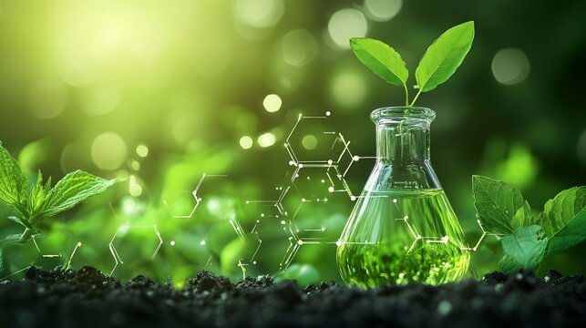 Green plant growing in a beaker with a green liquid, with a blurred green background and a chemical structure overlay.