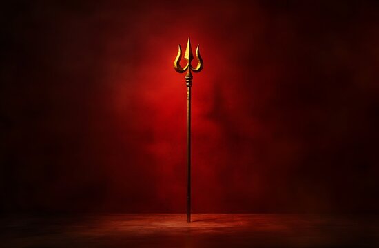 Trishul, on a red wall background, maha shivratri concept