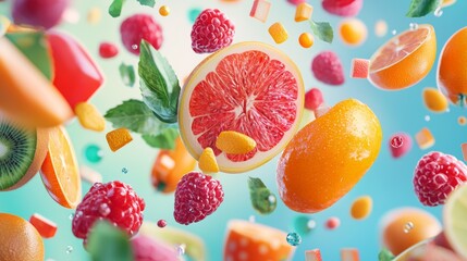 Floating tropical fruits and berries on a pastel background