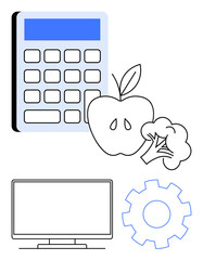 Calculator beside an apple and broccoli, a monitor, and a gear. Ideal for health management, nutritional planning, wellness lifestyle, tech integration, efficiency education office decor. Balance