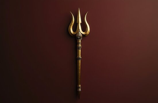Trishul, on a red wall background, maha shivratri concept