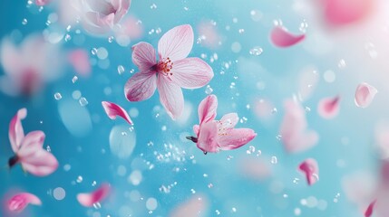Beautiful romantic flying or levitate pastel flowers. Falling on bright blue background. Creative spring bloom or floral concept. Minimal natural Mother's, Valentines, Women's day or wedding day.