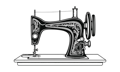 vintage sewing machine icon, silhouette, outline, vector, illustration, isolated on a white background