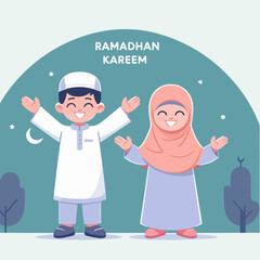 Boy and girl celebrating Ramadan Kareem. Suitable for greeting cards, social media posts, educational materials, and cultural diversity designs.