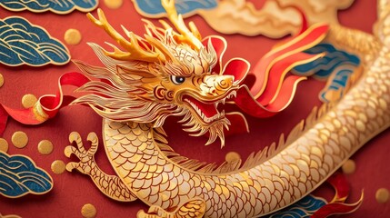 A vibrant, intricately designed dragon sculpture featuring golden scales and energetic details against a red background.