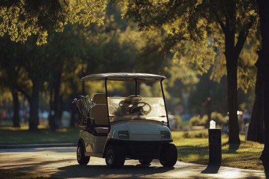 Golf cart parked under trees on a sunny day at a beautiful golf course in the afternoon