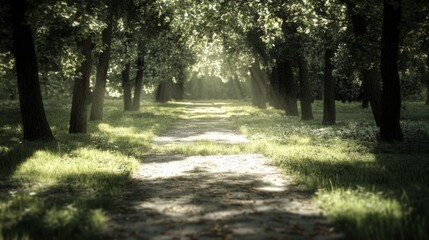 Fototapeta premium Serene Pathway Through Lush Green Park