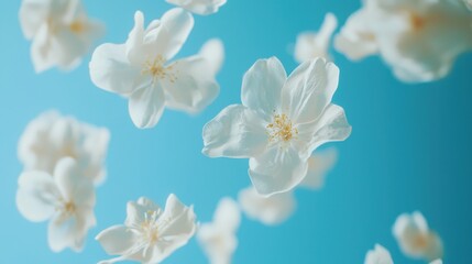 Obraz premium Beautiful romantic flying or levitate pastel flowers. Falling on bright blue background. Creative spring bloom or floral concept. Minimal natural Mother's, Valentines, Women's day or wedding day.