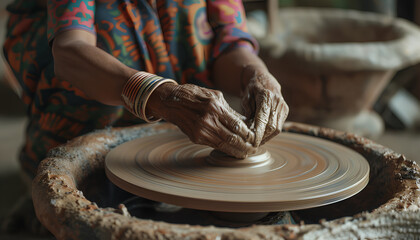 Fototapeta premium Close up of women hands working on pottery wheel at workshop