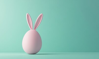 Fototapeta premium Cute Pink Bunny Ears on an Easter Egg Against a Soft Mint Background for Spring and Holiday Celebrations, Perfect for Family and Festive Themes