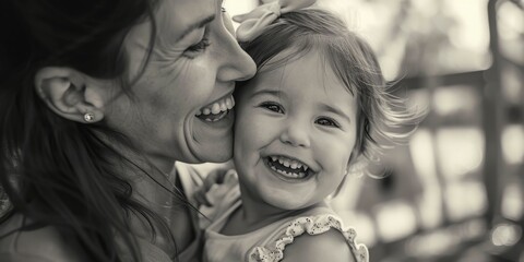 Woman is hugging a young girl with a smile on her face. The girl is wearing a white dress and has a bow in her hair. The image conveys a warm and loving moment between a mother and her child