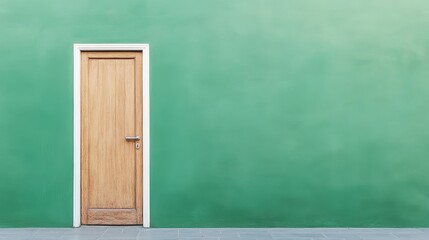 A Wooden Door Set Against a Bright Green Wall, Symbolizing Opportunity and Transition in Architecture and Design Spaces with Minimalist Aesthetics